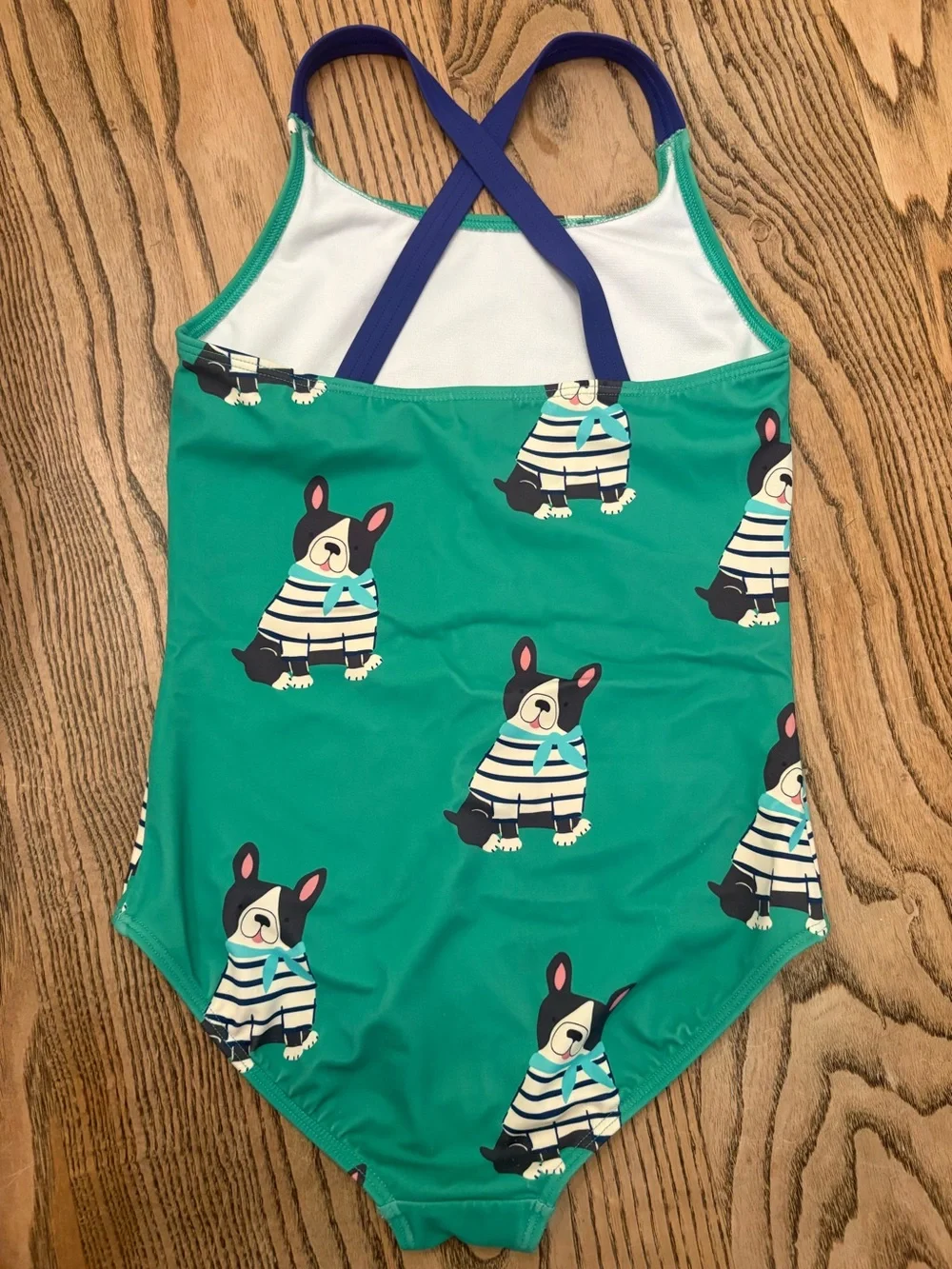 Mini Boden Cross-Back Swimsuit Dog Frenchie Print Green One Piece 9-10 years